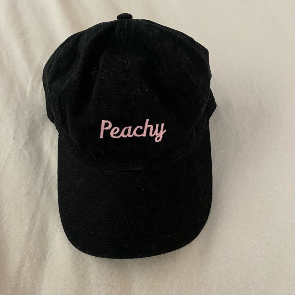 Brandy Melville Black Hat with Pink "Peachy" Embroidery